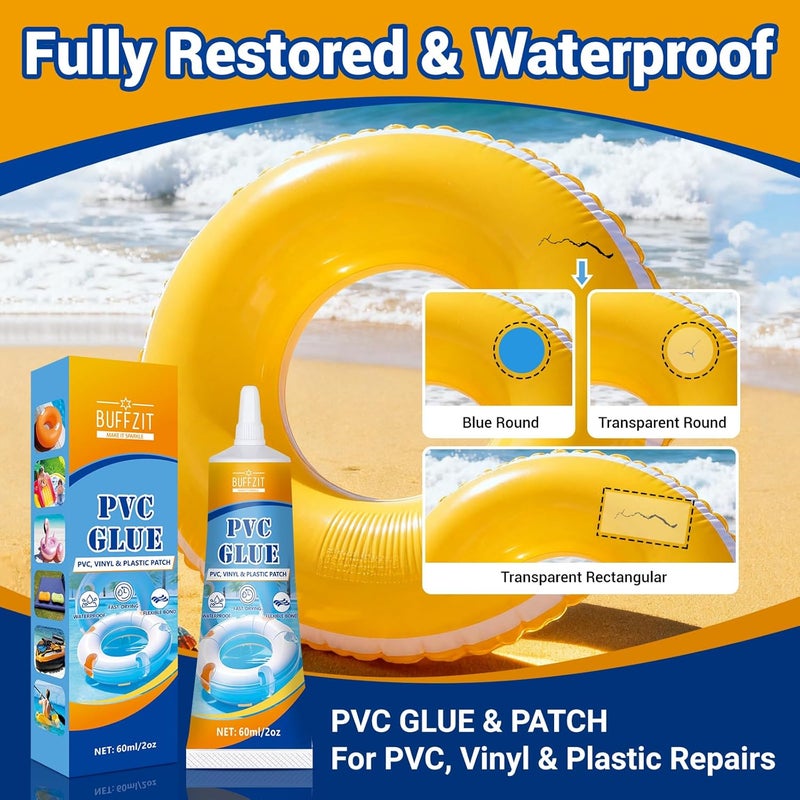 BUFFZIT PVC Glue Air Mattress Patch Kit, Heavy Duty Waterproof Vinyl Repair Kit for Inflatables, Pool Liner, Swim Ring, Bounce House, Hot Tub, PVC Boat, Raft, Kayak, and Inflatable Toys - 2oz/60ml - Image 2